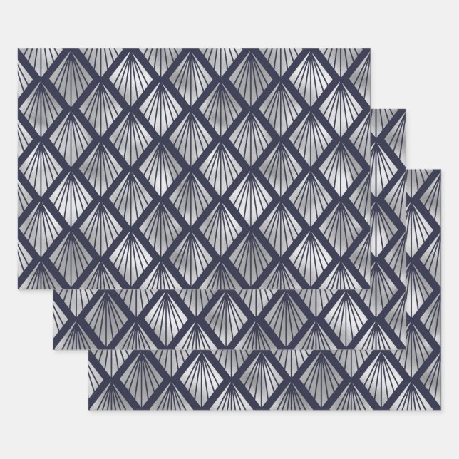 Navy Blue and Silver Art Deco Diamond Pattern Wrapping Paper Sheet (Set)