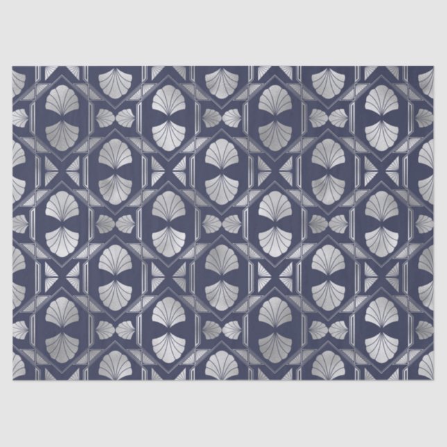 Navy Blue and Silver Art Deco Shell Pattern Tissue Paper (Front)