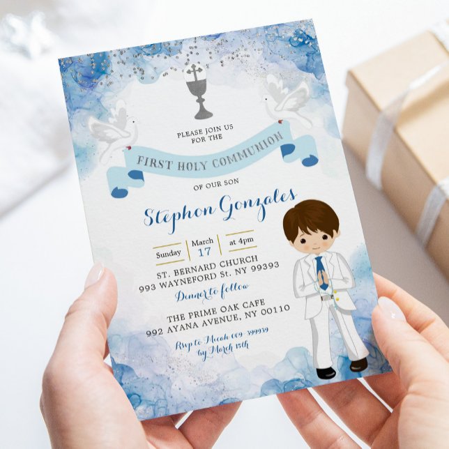 Navy Blue and Silver Boy First Holy Communion Invitation (Creator Uploaded)