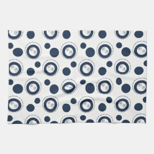 Navy Blue and Silver Concentric Circles Polka Dots Kitchen Towel