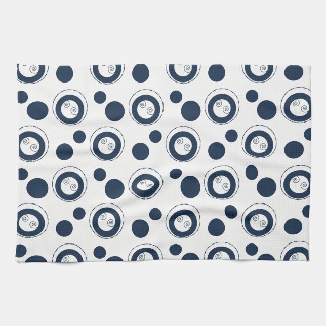 Navy Blue and Silver Concentric Circles Polka Dots Kitchen Towel (Horizontal)