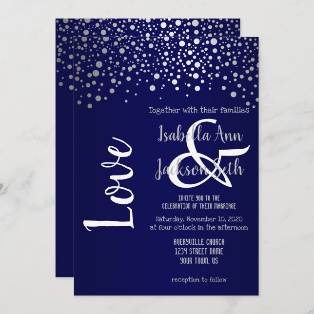 Navy Blue and Silver Confetti Dots Invitation (Front/Back)
