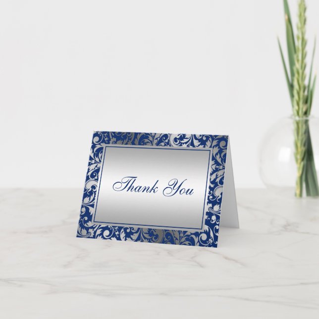 Navy Blue and Silver Damask Swirls Thank You (Front)