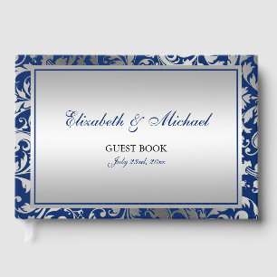 Navy Blue and Silver Damask Swirls Wedding Guest Book