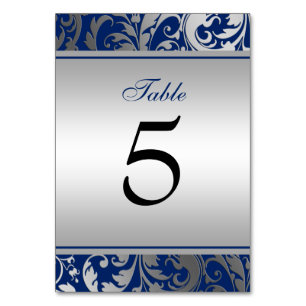 Navy Blue and Silver Damask Swirls Wedding Table Number