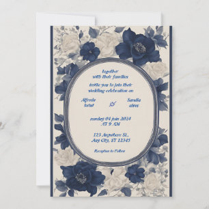 Navy Blue and Silver Elegant Ivory Floral Wedding  Invitation