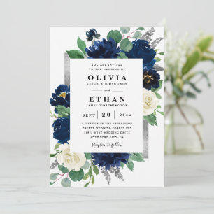 Navy Blue and Silver Elegant Ivory Floral Wedding Invitation