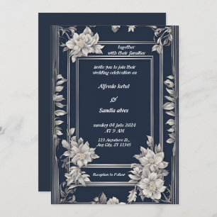Navy Blue and Silver Elegant Ivory Floral Wedding Invitation