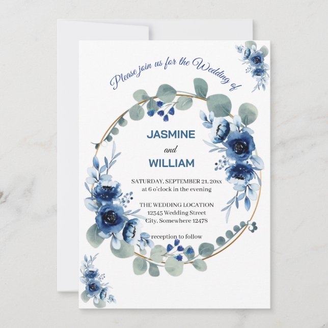 Navy Blue and Silver Elegant Ivory Floral Wedding  Invitation (Front)