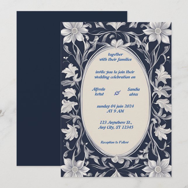 Navy Blue and Silver Elegant Ivory Floral Wedding Invitation (Front/Back)