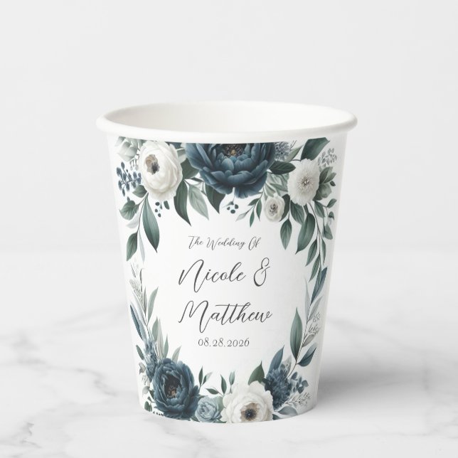 Navy Blue and Silver Elegant Ivory Floral Wedding Paper Cups (Front)
