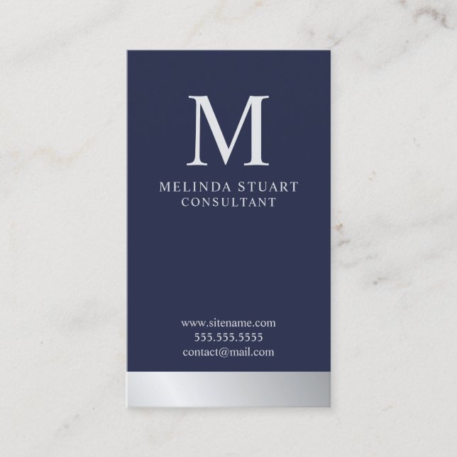 Navy Blue and Silver Elegant Monogram Business Card (Front)