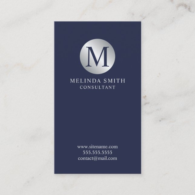 Navy Blue and Silver Elegant Monogram Business Card (Front)