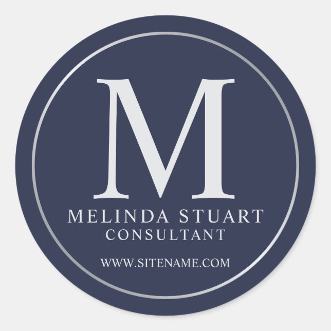 Navy Blue and Silver Elegant Monogram Business Classic Round Sticker (Front)