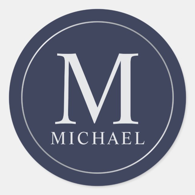 Navy Blue and Silver Elegant Monogram Classic Round Sticker (Front)