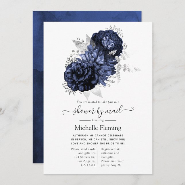 Navy Blue and Silver Floral Shower by Mail Invitation (Front/Back)