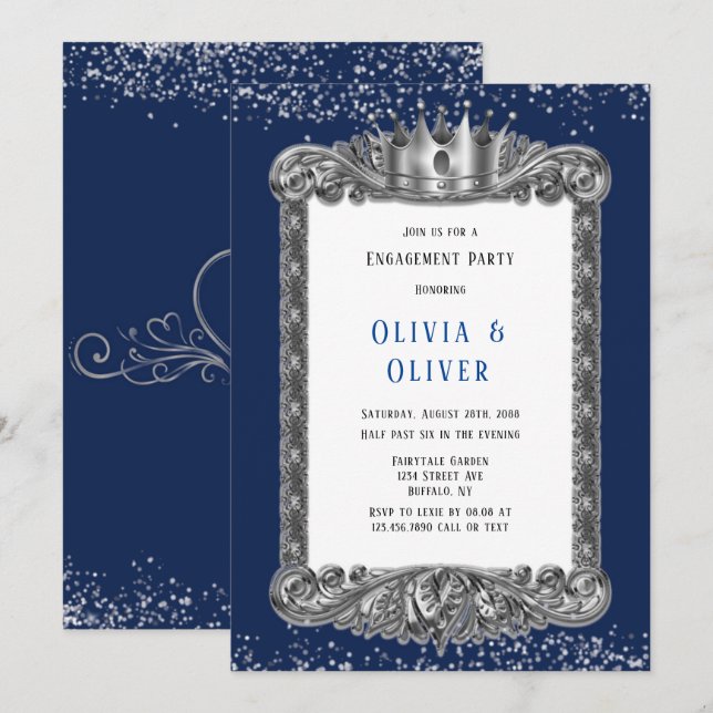 Navy Blue and Silver Frame Royal Engagement Party  Invitation (Front/Back)