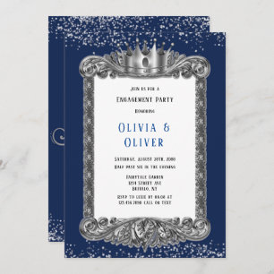 Navy Blue and Silver Frame Royal Engagement Party  Invitation