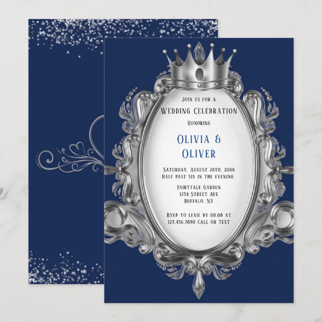Navy Blue and Silver Frame Royal Wedding Invitatio Invitation (Front/Back)