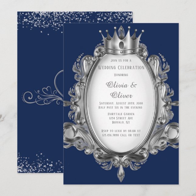 Navy Blue and Silver Frame Royal Wedding Invitation (Front/Back)