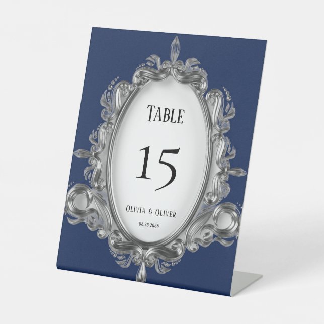 Navy Blue And Silver Frame Wedding Table Numbers Pedestal Sign (Front)