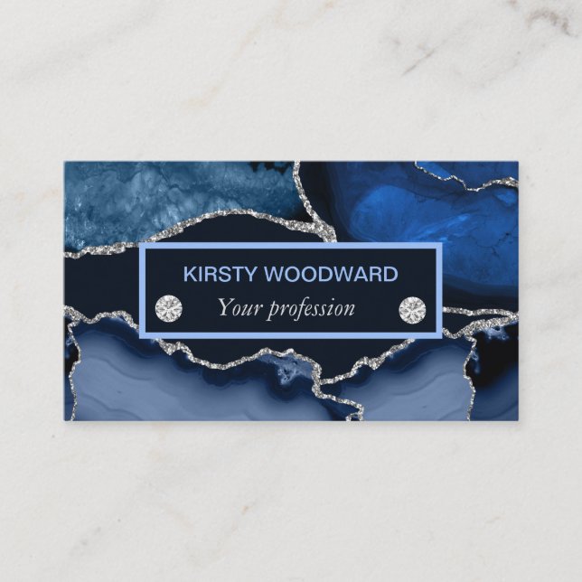 Navy Blue and Silver Glitter Agate Business Card (Front)