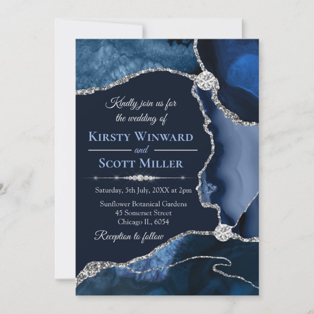 Navy Blue and Silver Glitter Agate Wedding Invitation (Front)
