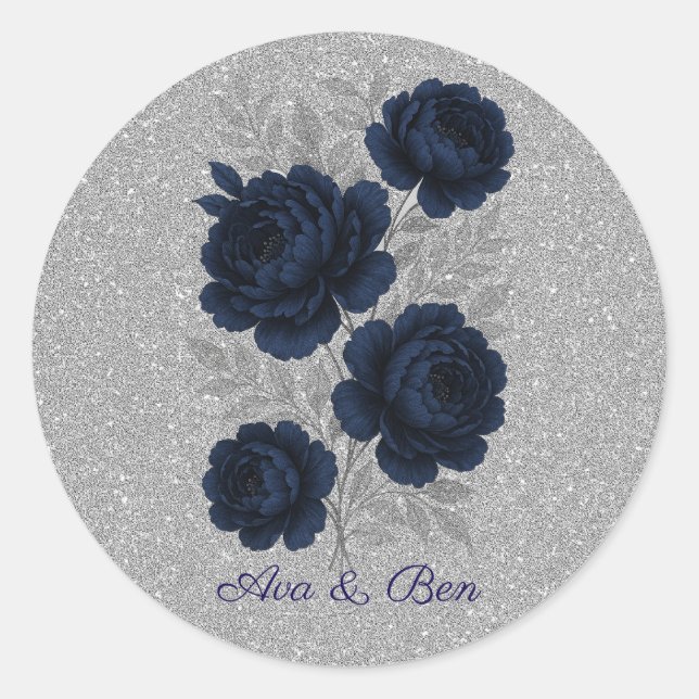 Navy Blue and Silver Glitter Leaves Wedding Classic Round Sticker (Front)