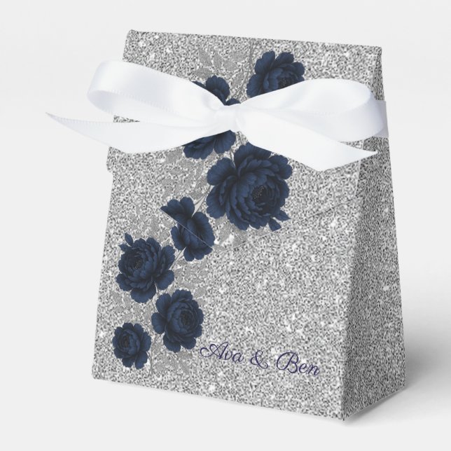 Navy Blue and Silver Glitter Leaves Wedding Favor Box (Front Side)