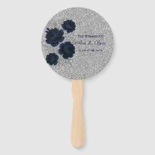 Navy Blue and Silver Glitter Leaves Wedding Hand Fan