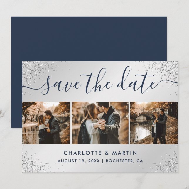 Navy Blue and Silver Glitter Photo Collage Wedding Save The Date (Front/Back)
