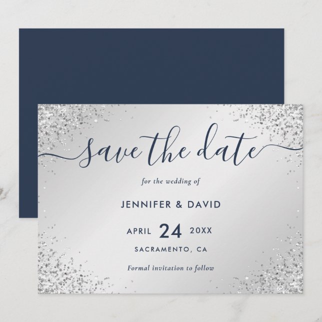 Navy Blue and Silver Glitter Script Wedding Save The Date (Front/Back)