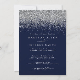 Navy Blue and Silver Glitter Wedding Invitation