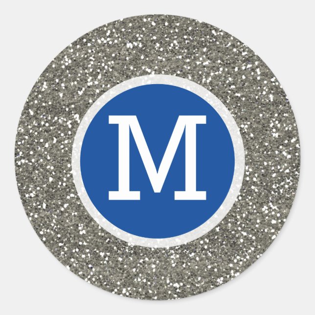 Navy Blue And  Silver Glitter Wedding Monogram Classic Round Sticker (Front)