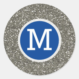 Navy Blue And  Silver Glitter Wedding Monogram Classic Round Sticker