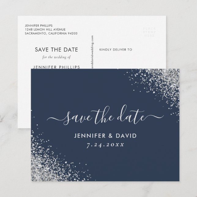 Navy Blue and Silver Glitter Wedding Save The Date Announcement Postcard (Front/Back)