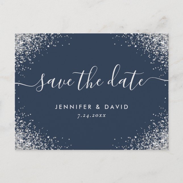 Navy Blue and Silver Glitter Wedding Save The Date Announcement Postcard (Front)