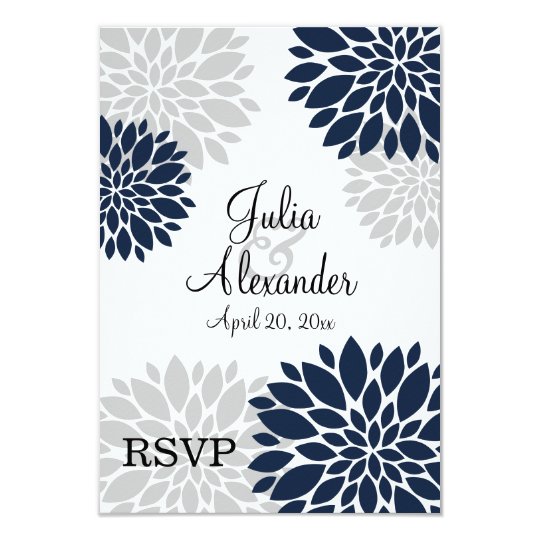 Navy Blue and Silver-Grey Floral Burst RSVP Card