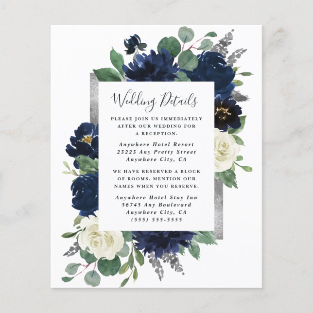 Navy Blue and Silver Ivory Wedding Enclosure Card (Front)