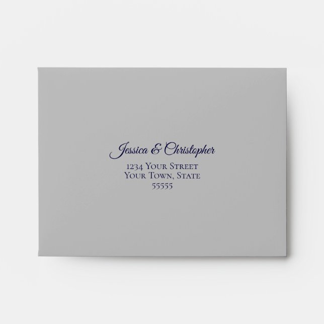 Navy Blue and Silver Lace Inside Grey Wedding RSVP Envelope (Front)