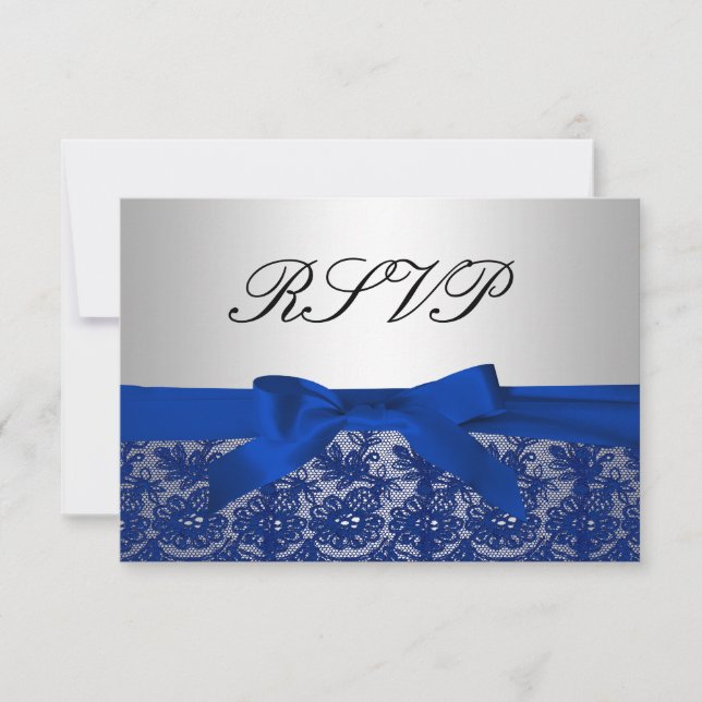 Navy Blue and Silver Lace Wedding RSVP Card (Front)
