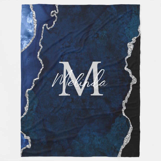 Navy Blue and Silver Marble Agate Fleece Blanket (Front)