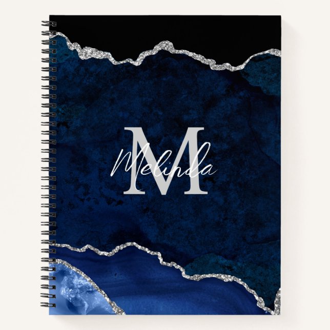 Navy Blue and Silver Marble Agate Notebook (Front)