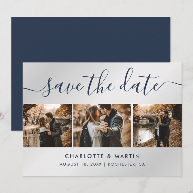 Navy Blue and Silver Modern Photo Collage Wedding Save The Date (Front/Back)