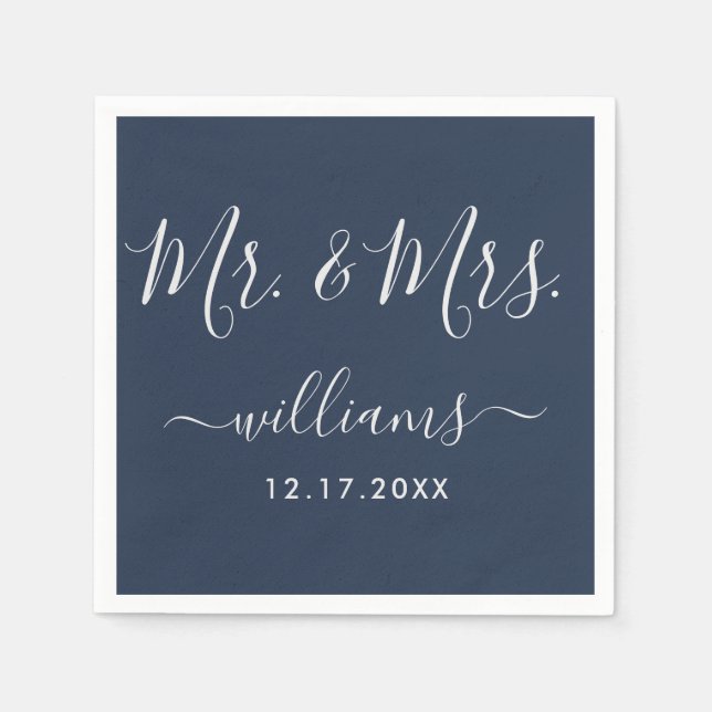 Navy Blue and Silver Modern Script Mr. and Mrs. Napkin (Front)