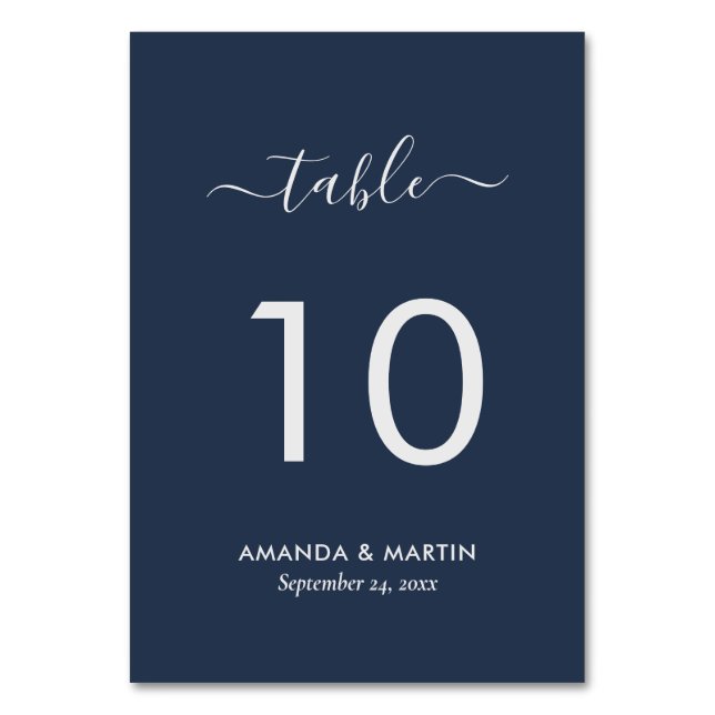Navy Blue and Silver Modern Script Table Number (Front)