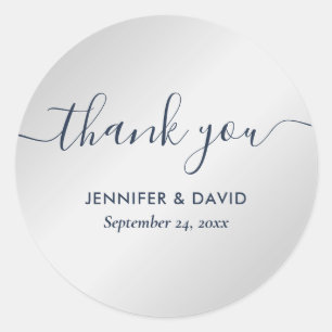 Navy Blue and Silver Modern Script Thank You Classic Round Sticker
