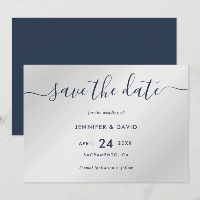 Navy Blue and Silver Modern Wedding Save The Date (Front/Back)