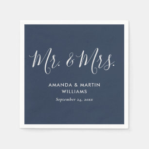 Navy Blue and Silver Mr. and Mrs. Wedding Napkin