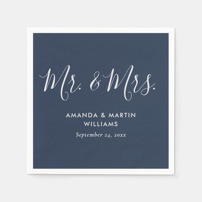 Navy Blue and Silver Mr. and Mrs. Wedding Napkin (Front)